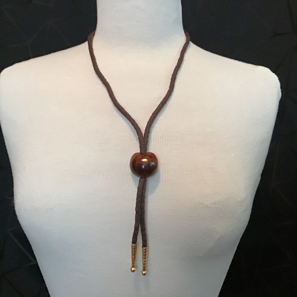 Other - Vintage Hawaiian Kukui nut Brown Cord Bolo Tie with gold tone metal accents